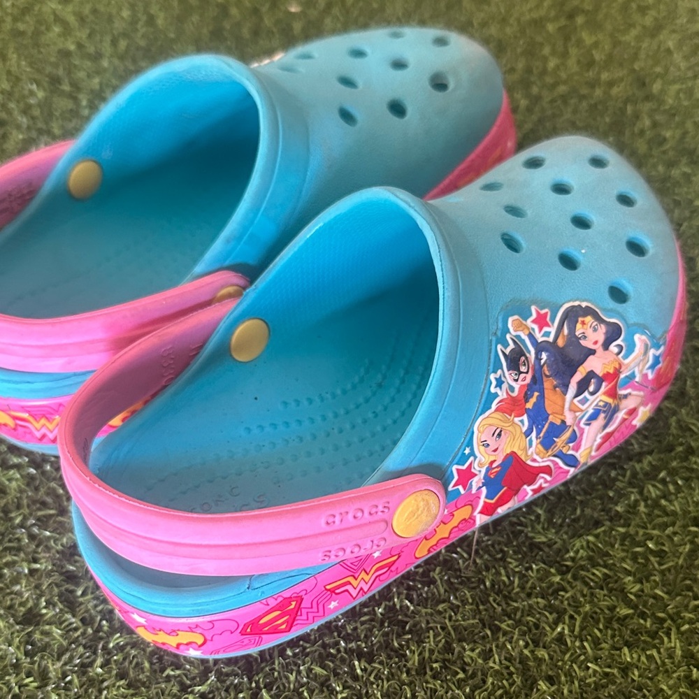 CROCS Kids Blue and Pink Superhero Slippers